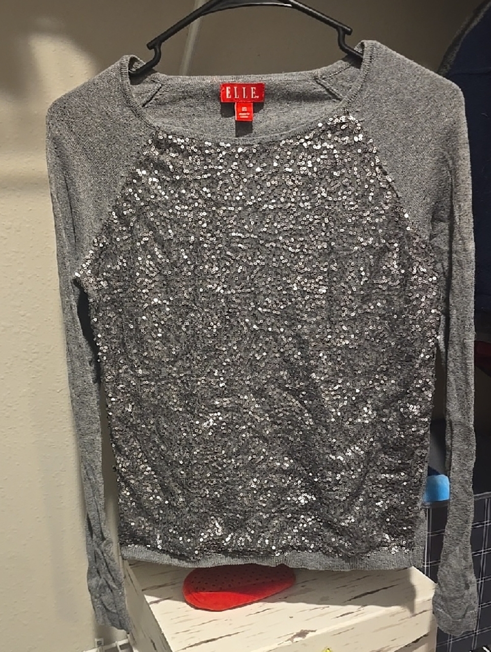 ELLE Gray Sequin Front Long Sleeve Top
